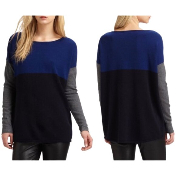 Vince Sweaters - Vince Multicolor Color-Block Sweater Wool Cashmere Drop-Shoulder Blue Gray Black
